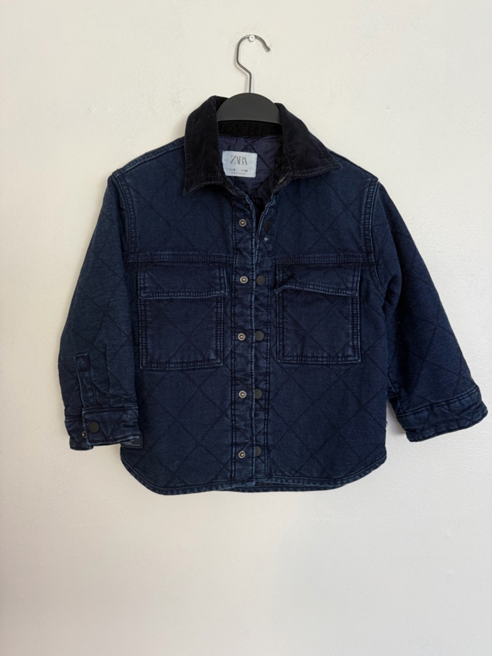 Zara Kids Dark Blue Quilted Denim Jacket with Corduroy Collar